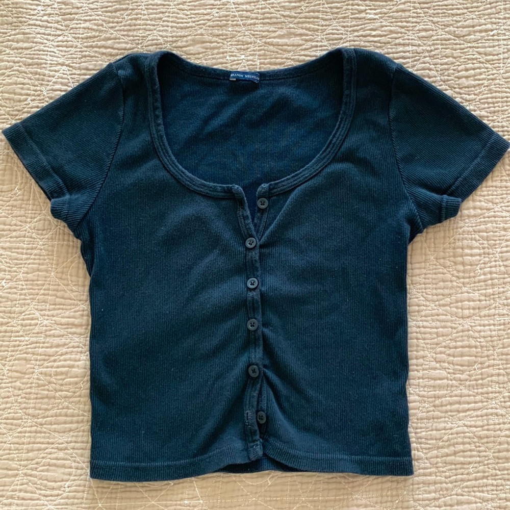 Brandy Melville Black Cotton Cropped Button-down Top